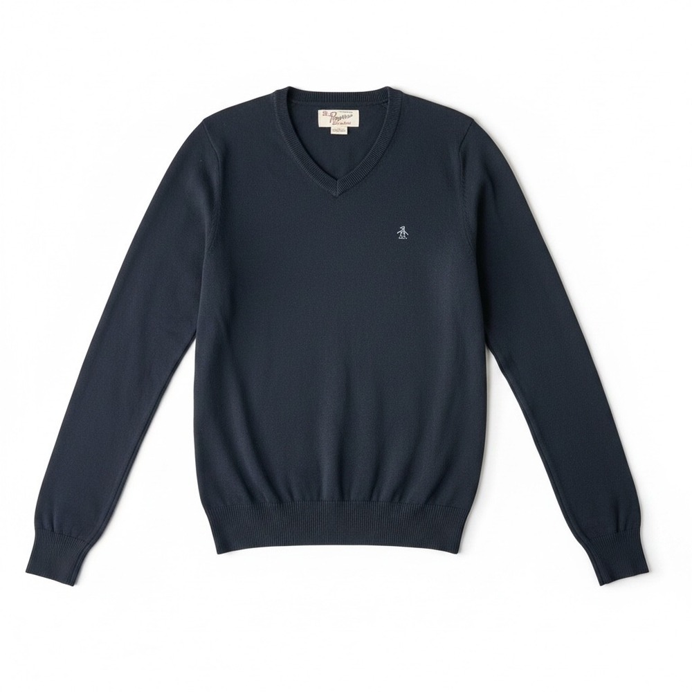 Original Penguin Mens V-Neck Sweater Navy Blue Embroidered Logo Size Medium